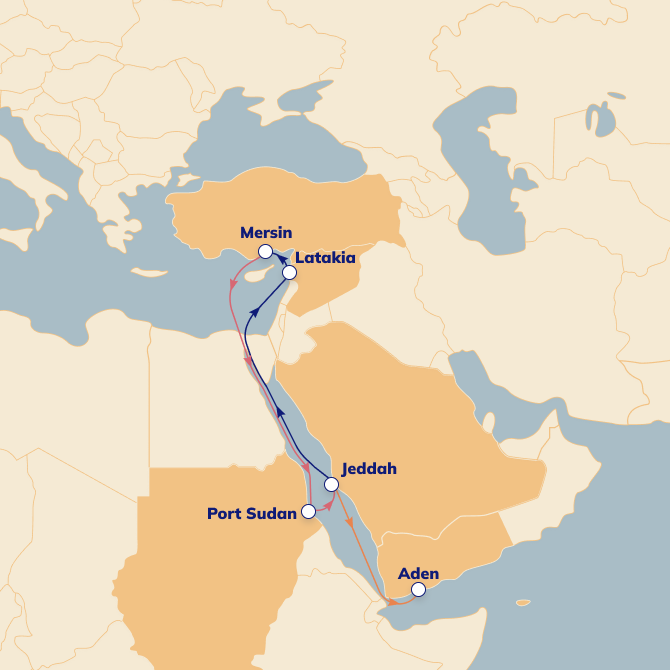 AEX service connecting Mersin, Latakia, Jeddah, Port Sudan & Aden